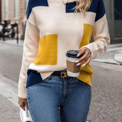 TEMU Women's Color Block Round Neck Pullover Sweater - Navy Blue & Mustard Shoulder Long Sleeve Top, Machine Washable Spring/fall Casual Elegant Sweater, Cute Sweaters, Apparel, Comfortable Knitwear Image