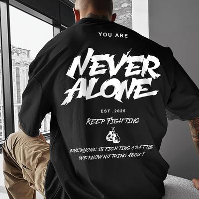 TEMU Men's Streetwear Graphic T-shirt - Back Print With Inspirational Quotes & Symbol, Loose Fit Summer Essential, 95% Polyester 5% Spandex, White Casual Tee For Casual Attire, Medium Stretch Fabric Image