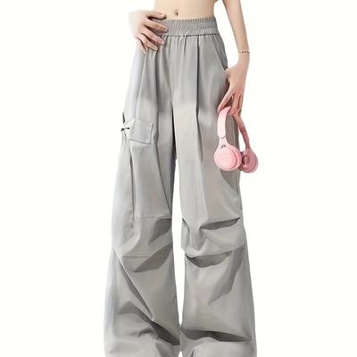 TEMU Women's Gray Cargo Pants With Bow Detail - High Waist, Loose Fit, Long Casual Summer Pants For Adults, Casual Attire | Bowknot Detailing | Polyester Cargo Pants Image
