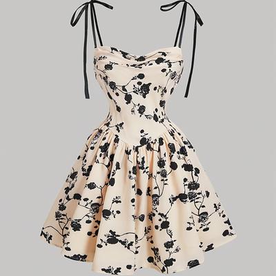 TEMU Elegant Floral Print A-line Dress With Backless Design - Beige & Black Floral Pattern, Ruched Detail, Thin Straps, Spring/summer, Adult Women's Fashion, Floral Print Dres Image