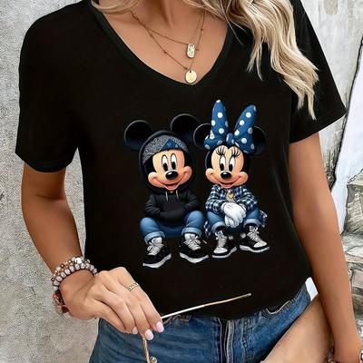 TEMU Officially Licensed 2025 Plus Size Women's V-neck Casual T-shirt - Soft Stretchy Polyester, & Mouse Cartoon Print, Short Sleeve Spring Summer Fall Top, Machine Washable, Shirt Image