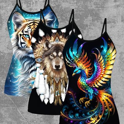 TEMU 3pcs Women's Sleeveless Tank Tops - Vibrant Tiger, Wolf & Phoenix Print, Stretchy Polyester Blend, Geometric Pattern, , Casual Wear|vibrant Print Top|stretchy Fabric Image