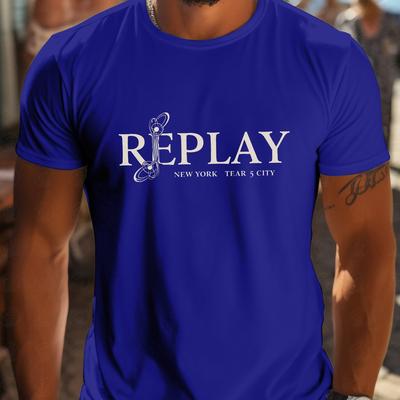 TEMU New Men's Casual Short Sleeve T-shirt - White With Black Graphic Print, Breathable Regular Fit Tee For Outdoor Activities Image