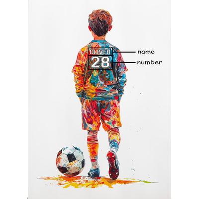 TEMU 1pc Soccer Player Little Boy With Ball Personalized Art Custom Name And Number Sport Watercolor Print Posters Unframed Image