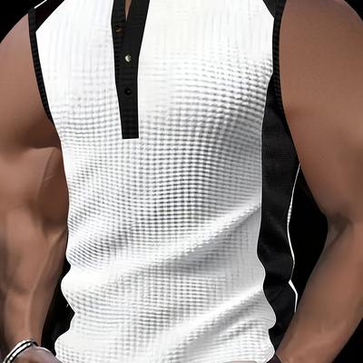 TEMU Men's Sleeveless Waffle Knit Golf Tank Top - Textured Design With Button-up Detail, Casual Henley Style For Summer Outdoor Activitie Image