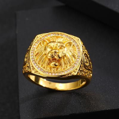 TEMU 's Lion Ring With 3d Carved Design, Golden Plated-plated Cubic Synthetic Zirconia - In Copper Image