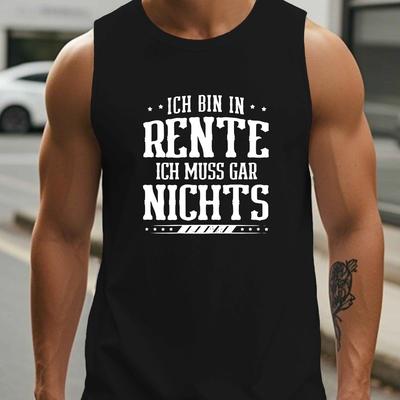 "TEMU 1pc German Text Design Men's Sleeveless Vest - Navy Blue Polyester Casual Summer Wear With Round Neck, Machine Washable, " In Rente Ich Muss ", Vest | Text Design | Blue Vest" Image