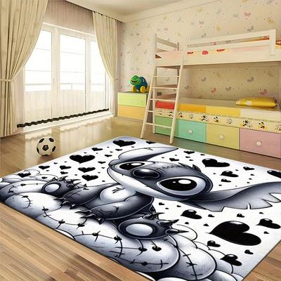 TEMU 1pc Stitch Anime Area Mat - Non-slip Polyester, Machine Washable, Black & White Cartoon Design With Hearts, Bedroom & Living Room Decor, Bedroom Decor | Room Decor | Area Mat, Stitch Room Decor Image
