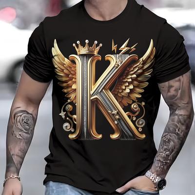 TEMU Men's 3d Print Novelty T-shirt, Trendy Breathable Round Neck Top With Golden Wings & , Non-see-through, Fashionable & Comfortable, Casual Wear | Crown Graphic Shirt | Non Seethrough Shirt Image
