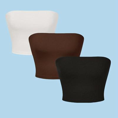 TEMU Women's 3pcs Stretchy Breathable Strapless Tube Tops - Sleeveless, Ribbed Texture, Solid Colors (white, Brown, Black) For Casual , Apparel | Versatile Fashion | Smooth Texture Fabric Image