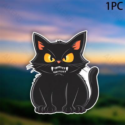 TEMU 1pc Alleng Large 7.5inch Halloween Black Cat Vinyl Decal, Polyvinyl Chloride Sticker With Fangs, Self-adhesive For Car, Truck, Bumper, Window, Laptop, Home & Decoration Image