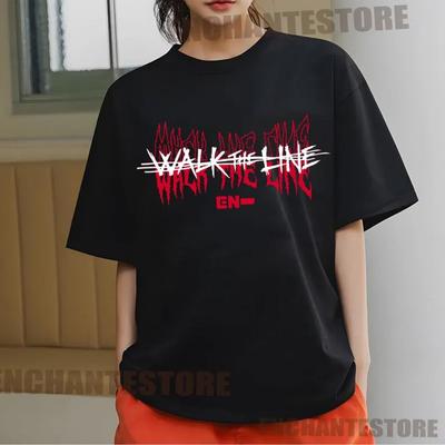 TEMU Walk & Graphic T-shirt - Black With Red/white Print, Short Sleeve Round Neck Casual Tee For Concerts, Sports & Casual Attire Image