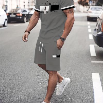 TEMU Men's Casual Sportswear Suit With Flower-print Short Sleeve T-shirt And Drawstring Sports Shorts - Summer Outdoor Crew Neck Training Suit In Polyester Blend Image