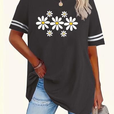 TEMU Women's Plus Size Casual T-shirt With Cute Cartoon Daisy Print, Short Sleeve Round Neck Ribbed Collar, Black With White Flowers, Stretch Fabric, Fit, Ladies T Shirts Image