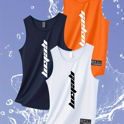 "TEMU 3pcs Men's Quick-dry Breathable Sleeveless Athletic Tank Tops - Light Blue, Green, Purple With "" Print, Gym, Running, And Outdoor Activities, Gym Activewear | Logo Tank Top | Polyester" Image