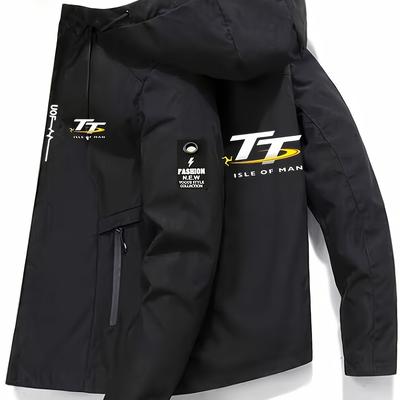 TEMU Men's For Man Lightweight Polyester Hooded Jacket - Black Zip-up Casual Outdoor Windbreaker With Pockets, Durable Fabric For Motorcycle Enthusiasts, Wear, Spring Jacket | Stylish | Durable Image