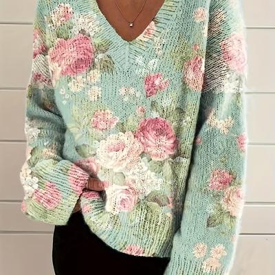 TEMU 3d Floral Print V-neck Sweater - -over Floral Pattern, Soft Fabric, Hand Wash/, Top Image