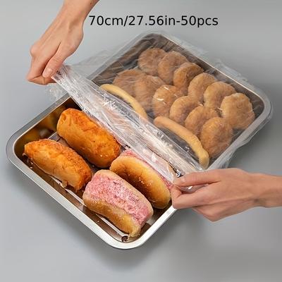 TEMU Disposable Large Plastic Transparent Covering Film, Dustproof Cover, Suitable For Storing And Organizing Snacks, Vegetables, , Bread Tray Covering Film, 3 Sizes Availabl Image