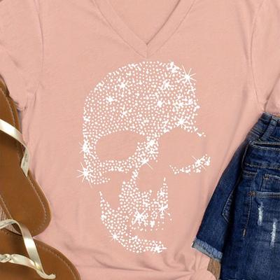 TEMU 1pc Women's Casual V-neck Short Sleeve T-shirt With Edgy Skull & Star Graphic Print - Light Pink Relaxed Fit Machine Washable Top, Versatile Clothing, Trendy Casualwear, Comfortable Fabric Image