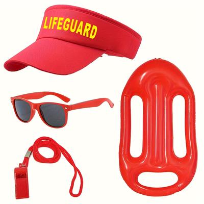 TEMU 4pcs Polyester Sporty Style Lifeguard Costume Set, Including Adjustable Hat, Inflatable Float, Whistle, And Glasses, For Adults, Halloween Cosplay, Pool Party, Carnival Outfit Image