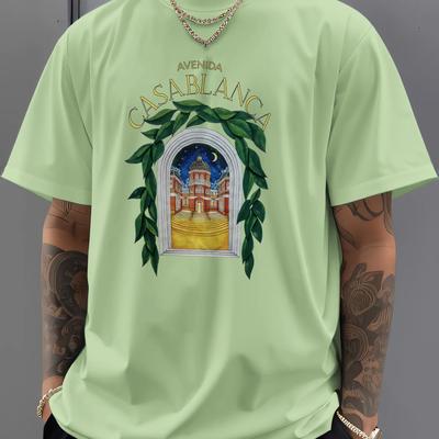 TEMU Men's Casual Short Sleeve T-shirt - Dark Green Vintage Graphic Print With Aveda , Breathable Summer Tee, Regular Fit Round Neck, Machine Washable, Ideal Gift For Men Image