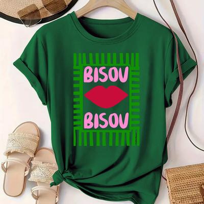 TEMU Bisou Graphic T-shirt For Women - Stylish Round Neck Short Sleeve Tee With , Lightweight & Comfortable For All Image