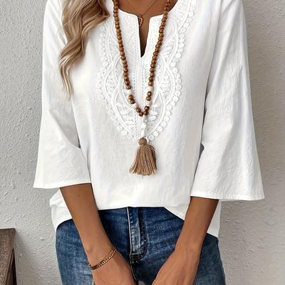 TEMU Women's Casual V-neck Long Sleeve Blouse - Solid Color, 3/4 Sleeve Top With Applique Detail, Lightweight Polyester, Spring And Summer, Ladies Blouses Image