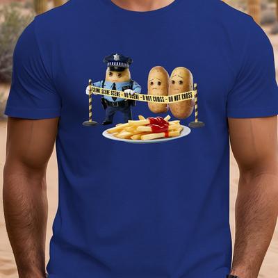 TEMU Men's Humorous Anthropomorphic Potatoes Graphic T-shirt - 100% Polyester Lightweight 150gsm Casual Short Sleeve Round Neck Tee With Police & Fries Design For Summer Image