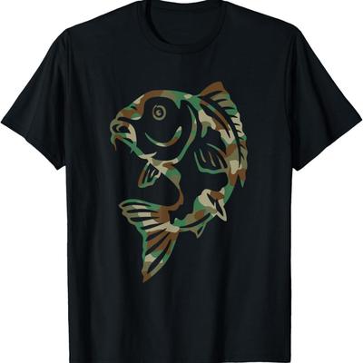 TEMU Mens Camo Cotton T-shirt - Breathable Crew Neck, Short Sleeve, Machine Washable - Ideal For Fishing & Outdoor Activities In Summer And Fall, Breathable Shirtcamo Fish Print100% Cotton Image