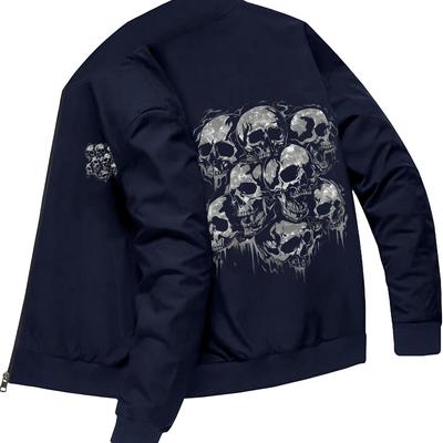 TEMU Kourrter Men's Casual Jacket 2024, Vintage , Polyester Blend, Random Skull Print, Knitted Stretch Fabric, Regular Fit, Baseball Collar, Pocket Detail, Mature Style Image