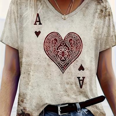TEMU Women's Casual V-neck Graphic T-shirt - Large Size Distressed White Top With Red Paisley Heart & Spade Print, Machine Washable Fit, Ladies T Shirts Image