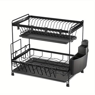 TEMU 2-layer Black Metal Drain Rack, Kitchen Worktop Bowl And Utensil Rack With Chopstick Holder, Dish Drain Rack Image
