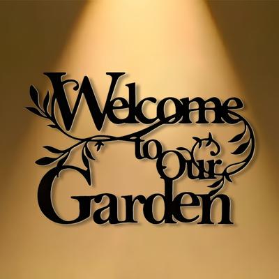 "TEMU 1pc Rustic Metal "welcome To Our Garden" Sign, Decorative Wall Hanging With Elegant Cursive Font And Leaf Cane Embellishment, Home, Outdoor, Garden, Patio Decor, Great For Room Decor" Image