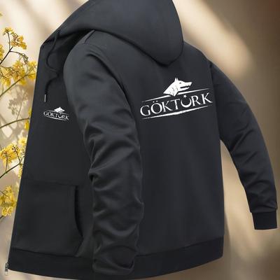 TEMU Men's Gokturk Fashion Hooded Jacket - Navy Blue Casual Zip-up With Pockets, Durable Polyester Lining, Regular Fit, Stylish For Everyday Wear, Casual Wear Jacket|hooded Jacket| Hoodie Image
