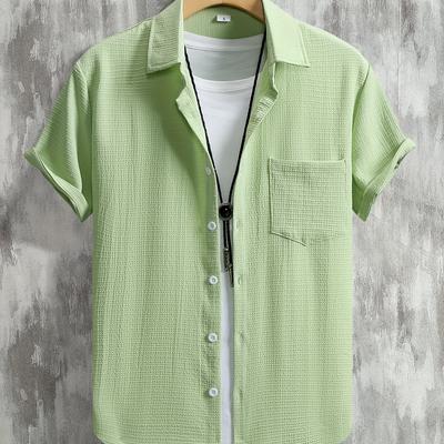 TEMU Men's Casual Black Short Sleeve Shirt With White Collar And Pocket - Summer, Vacation, And , Casual Attire|| Stretch Fabric Image