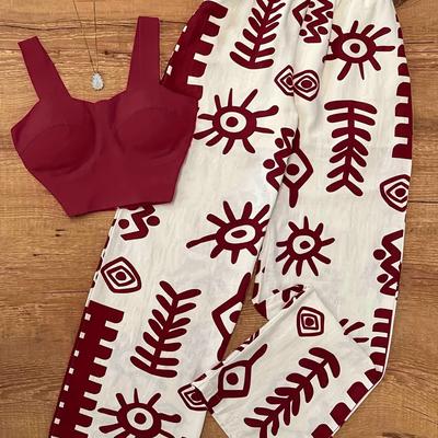 TEMU Red Printed Long Pants Set With Straps Image