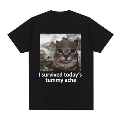 I Survived Today's Tummy Ache T-Shirt Funny Cat Meme Short Sleeve T Shirt Men Women Casual T Shirts Streetwear
