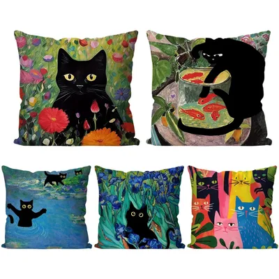 1pcMatisse Monet Art Black Cat Animation Kissenbezug Quadratisches Kissen Schlafzimmer Image