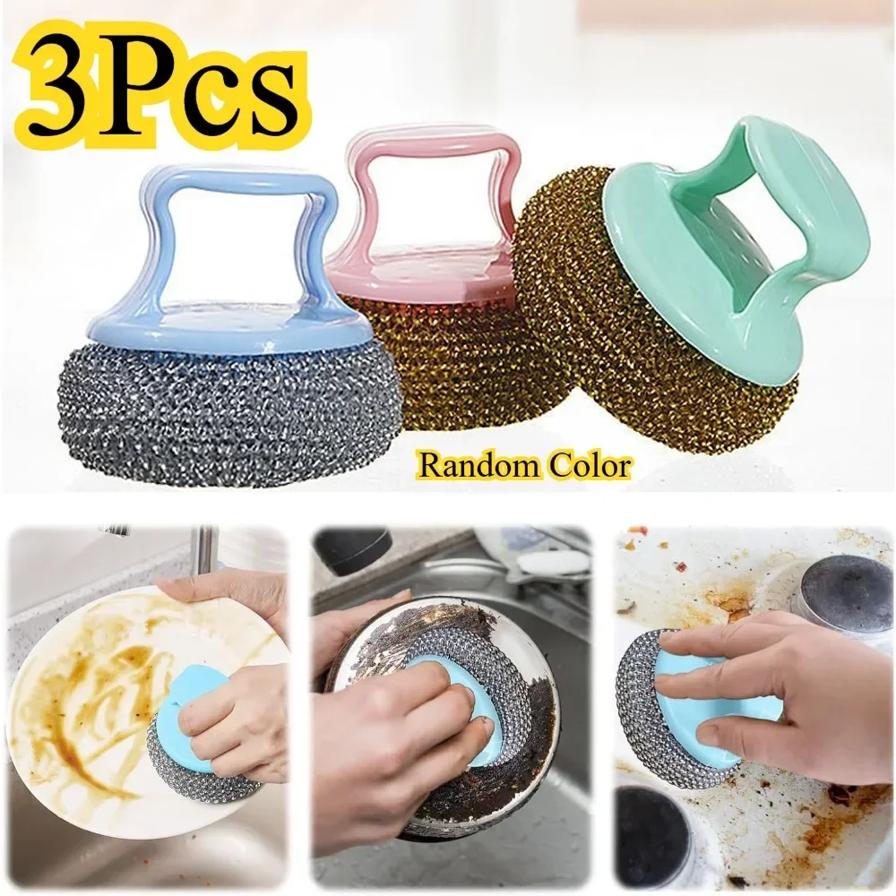 3 Stück/Set Stahlwollbürste mit Griff, Stahlwolle zum Geschirrspülen, Stahlwollwäscher zum Reinigen von Geschirr, Töpfen, zufällige Farbe Image