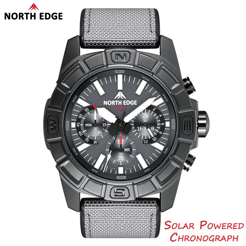 NORTH EDGE 2025 BLAZE Herrenuhren, Solarenergie, 316 Edelstahlgehäuse, Quarzuhr für Herren, Pilot, wasserdicht, 50 m Stoppuhr Image