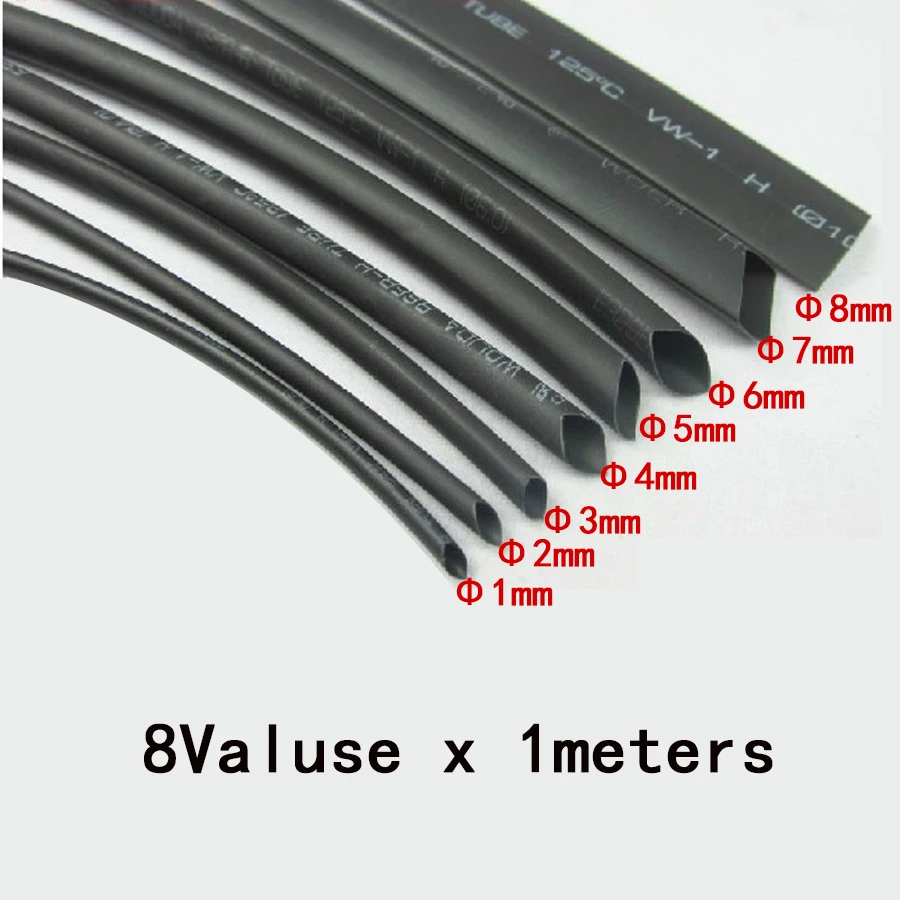 8 meter/los Schrumpfschlauch 1mm 2mm 3mm 4mm 5mm 6mm 7mm 8mm Schrumpfschlauch Schrumpfschlauch Sortiment Kit Image