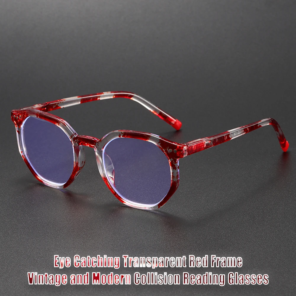 Polygonale runde Lesebrille mit kleinem Rahmen, mit Farbverlauf bedruckte Rahmen, modische dekorative Brille zum Lesen und Schreiben. Image