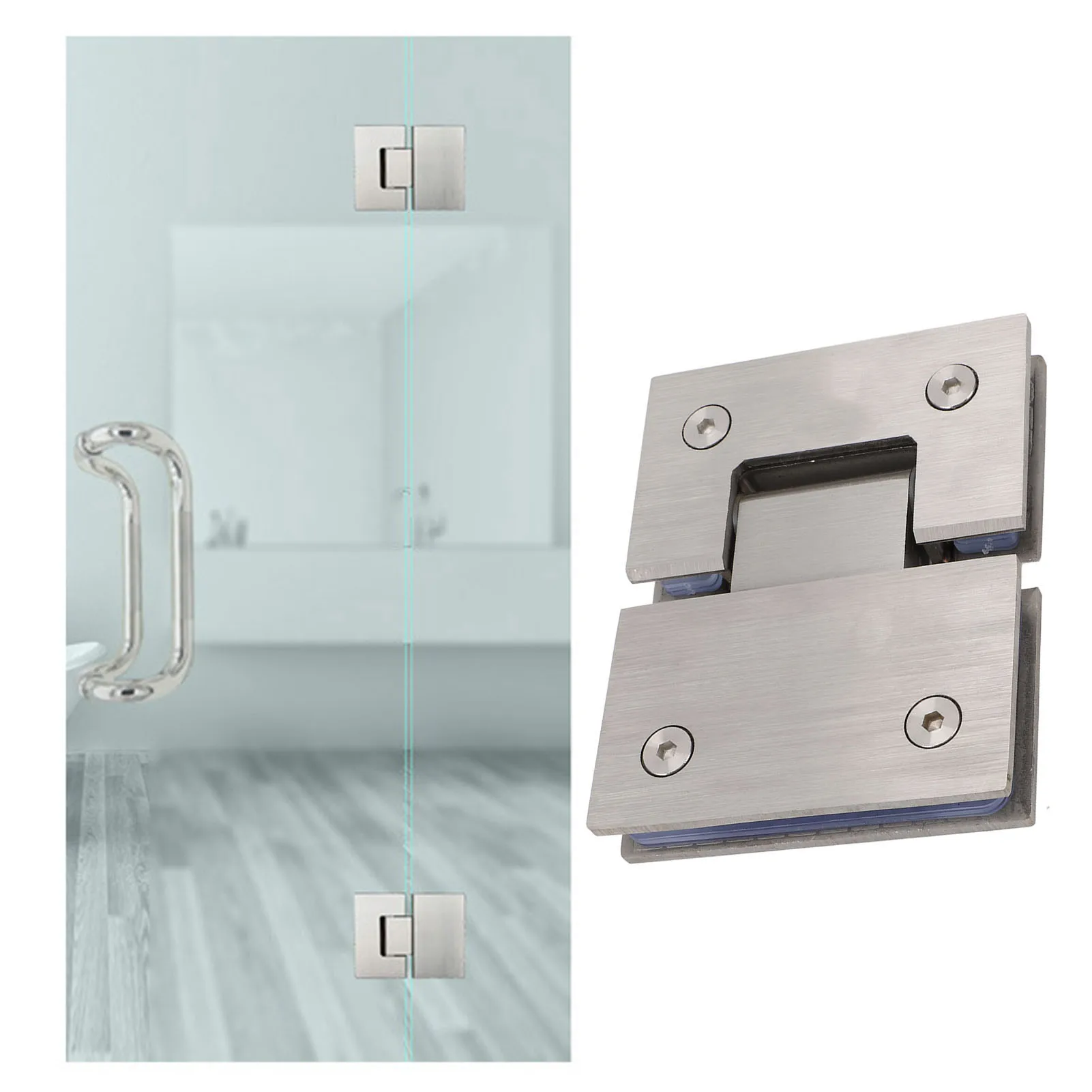 Rahmenloses Duschtürscharnier, 180 Grad, 120 Pfund Tragfähigkeit, rostfreies Edelstahl-Schrankscharnier für 8 mm bis 12 mm dickes Glas Image