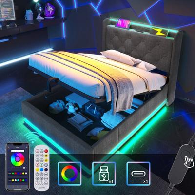 Gepolstertes Einzelbett, led 360 Surround-Funktion, Tasten/App/Fernbedienung, 90x200 cm, grauer Image