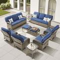 Yeahumalia 10 Pieces All Weather Wicker Patio Furniture Set with 2 Rattan Sofa 4 Swivel Rocking Chairs 2 Ottomans and 2 Side Table Outdoor Conversation Set for Deck Yard Sunroom Gray/Blue