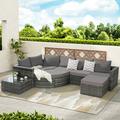 8 Piece Outdoor Patio Sofa Set Sectional L- Shaped Patio Furniture Wicker Patio Conversation Set with Curved Sofa Ottoman and Glass Top Table Sofa Set for Backyard and Poolside Dark Gray