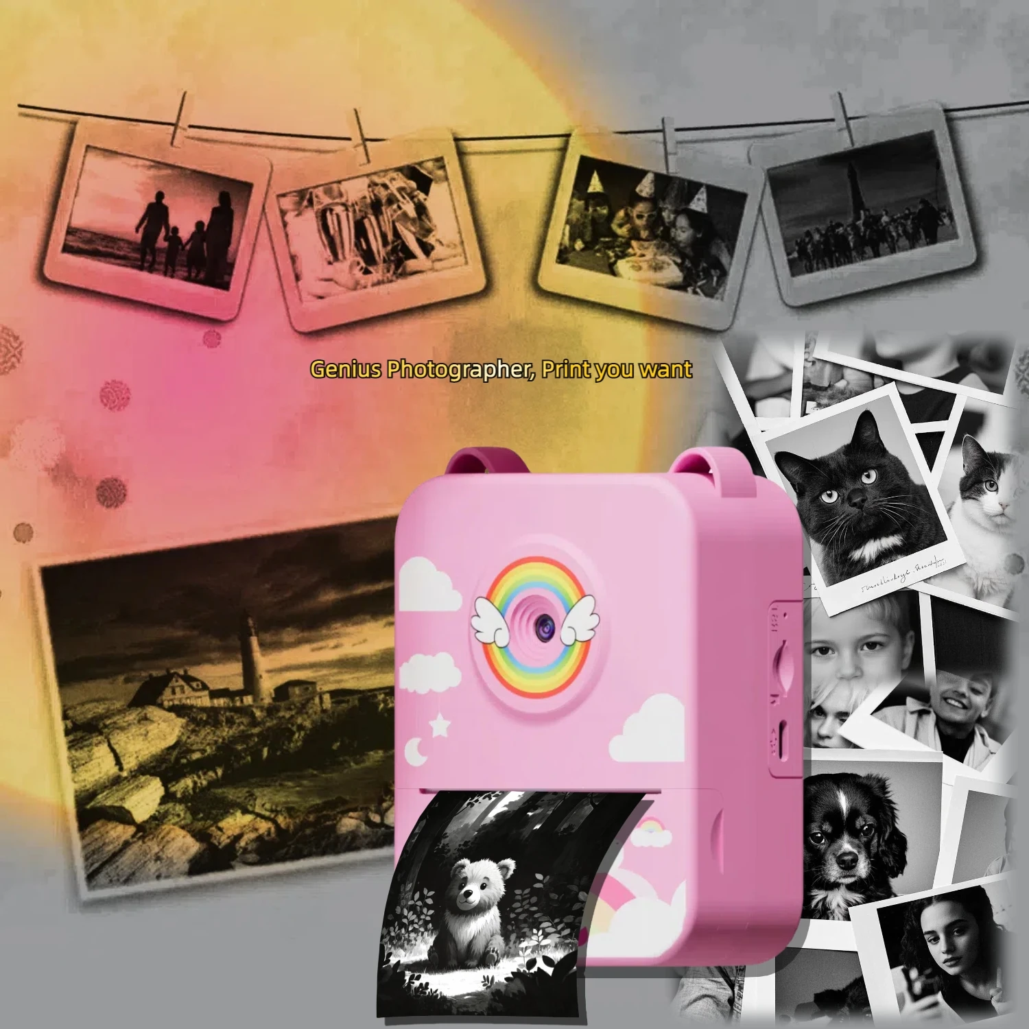 Digitale Kinderkamera für Fotografie, Mini-Drucker, tragbar, Thermo-Sofortdruck, Foto, Kinderkamera, Einhorn, HD-Video, Spielzeug, Geschenke Image