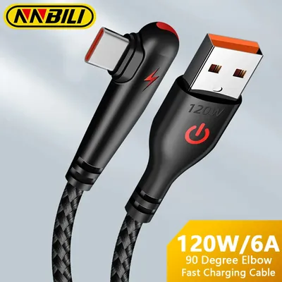 NNBILI 6A USB Type C 90 Degree 120W Fast Charging Cord For Samsung Honor Huawei Oneplus Realme