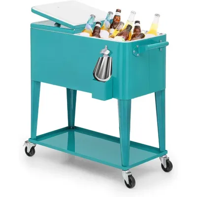 80-Quart Rolling Ice Chest - Patio Cooler Cart with Opener, Wheels, Handle, Shelf for Party