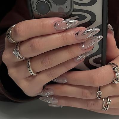TEMU 24pcs Upgraded Stylish Silvery Flame Nail Tips - Almond Shaped, Long Length, Glossy Finish, Removable Press-on Nails With Jelly Glue & Nail File Included Image